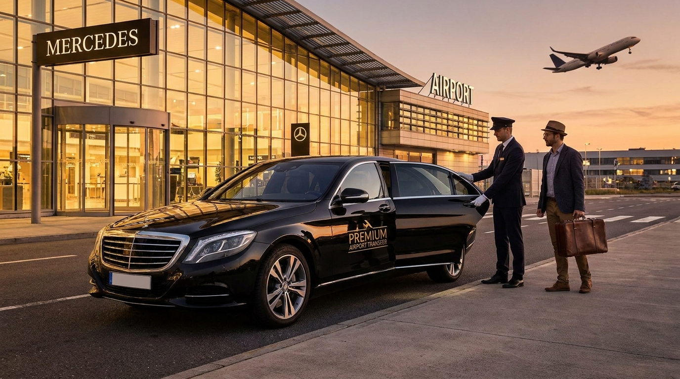 Transfert aéroport — chauffeur et Mercedes devant le terminal